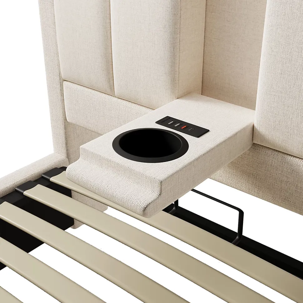 Lit coffre rembourré 90x200cm avec porte-gobelet - ports USB et Type-C - avec sommier à lattes - Lin - Beige (sans matelas)
