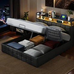 Lit coffre rembourré 140x200cm en tissu de pu - avec LED et port de charge - avec sommier à lattes - Noir