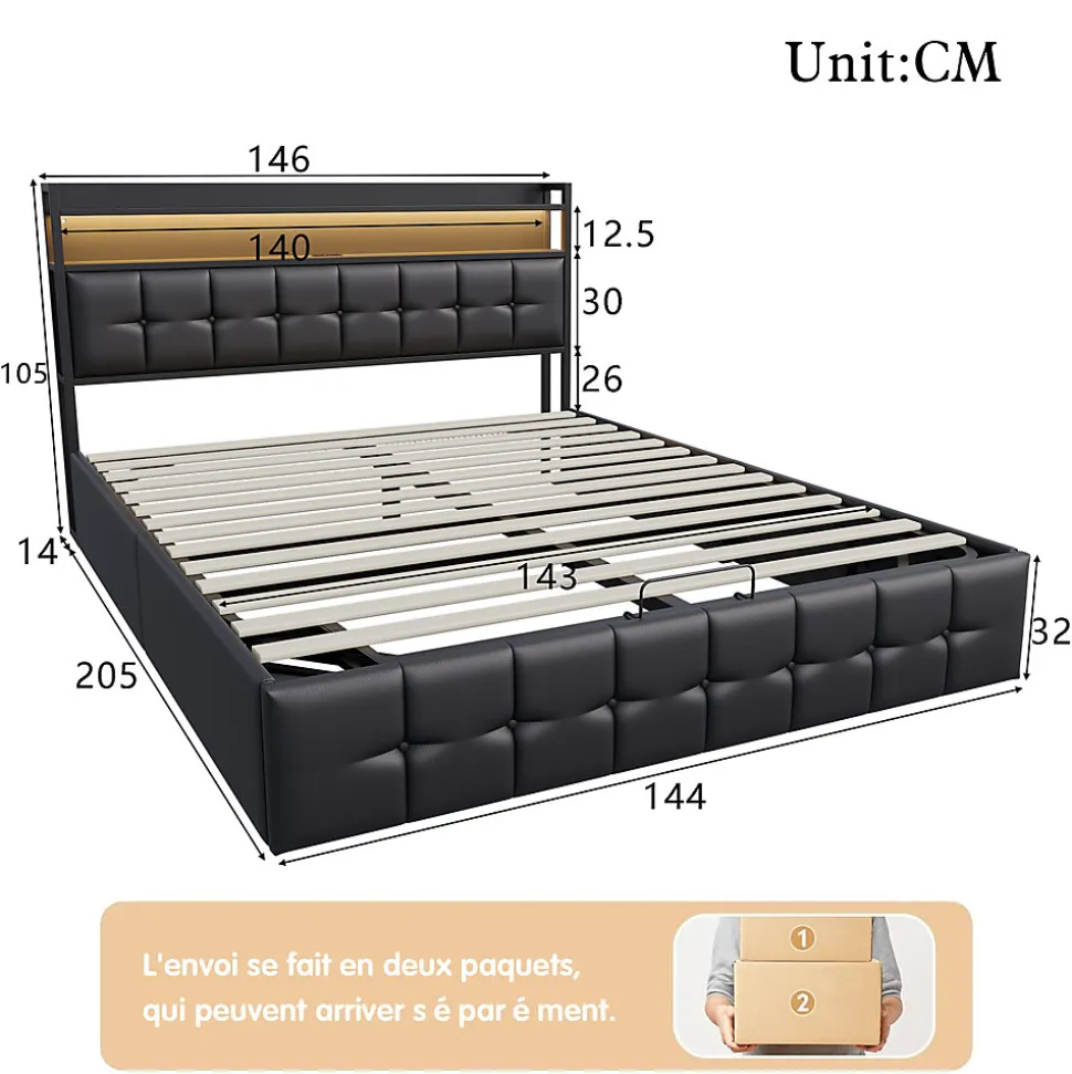 Lit coffre rembourré 140x200cm en tissu de pu - avec LED et port de charge - avec sommier à lattes - Noir