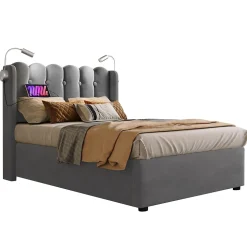 Lit Coffre Simple Rembourré Tête De Lit Rangement Velours 90x200 Gris Blackcolors