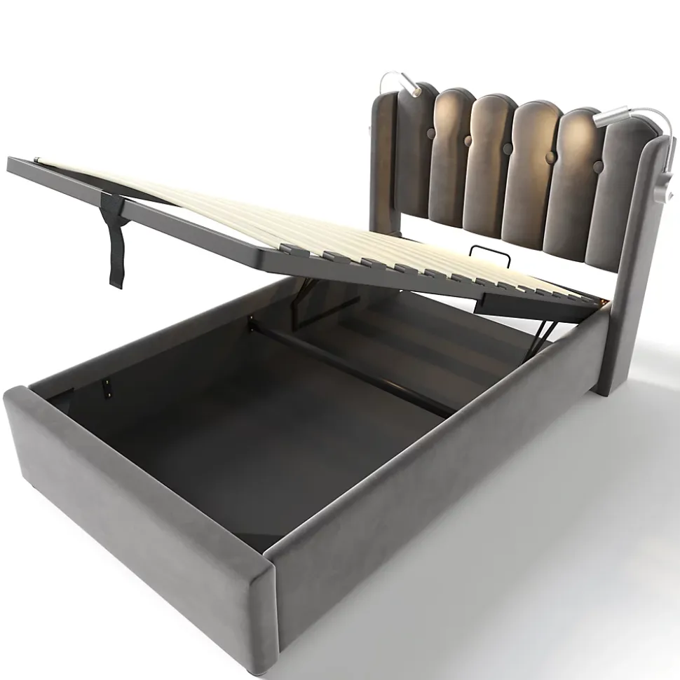 Lit Coffre Simple Rembourré Tête De Lit Rangement Velours 90x200 Gris Blackcolors