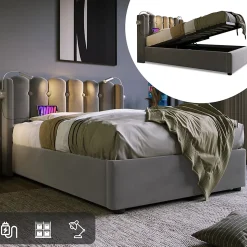 Lit Coffre Simple Rembourré Tête De Lit Rangement Velours 90x200 Gris Blackcolors