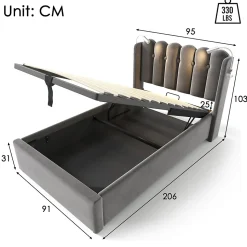 Lit Coffre Simple Rembourré Tête De Lit Rangement Velours 90x200 Gris Blackcolors