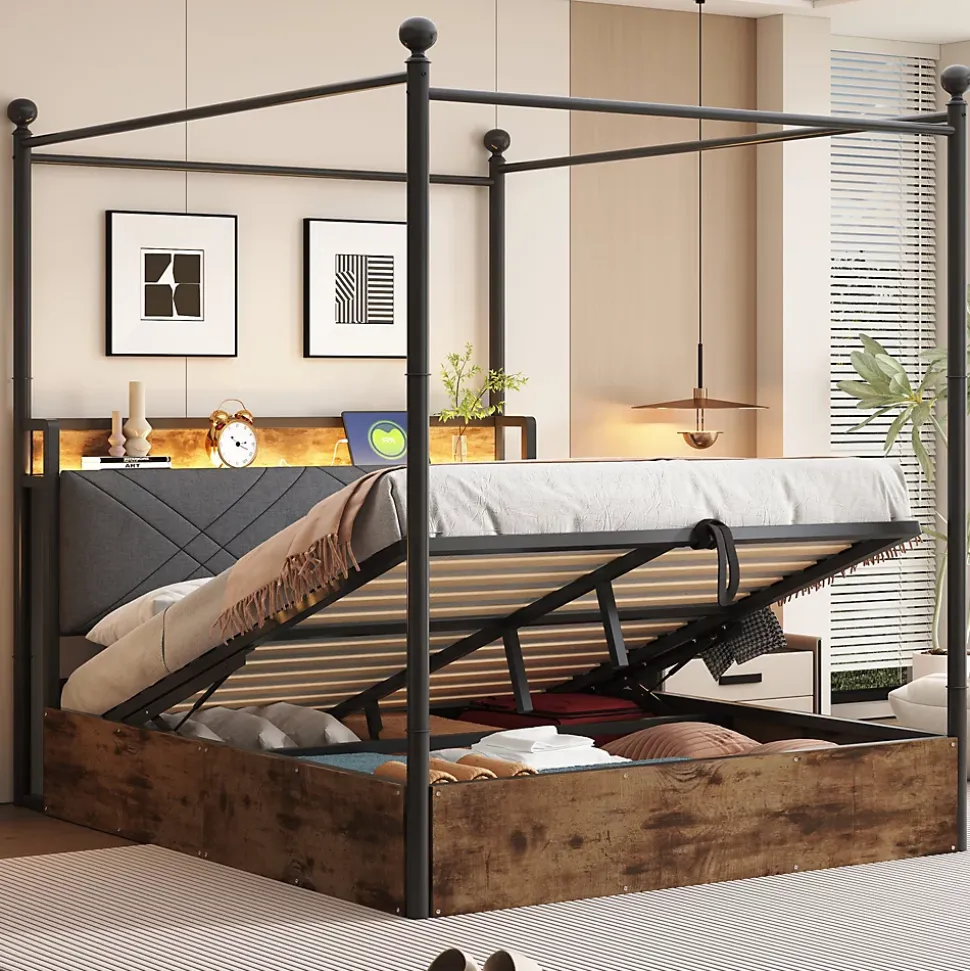 Lit Coffre Simple 90x190 cm - Baldaquin et Éclairage LED, Rangement Hydraulique Sous Sommier, Ports USB/Type-C, Sans Matelas, Noir