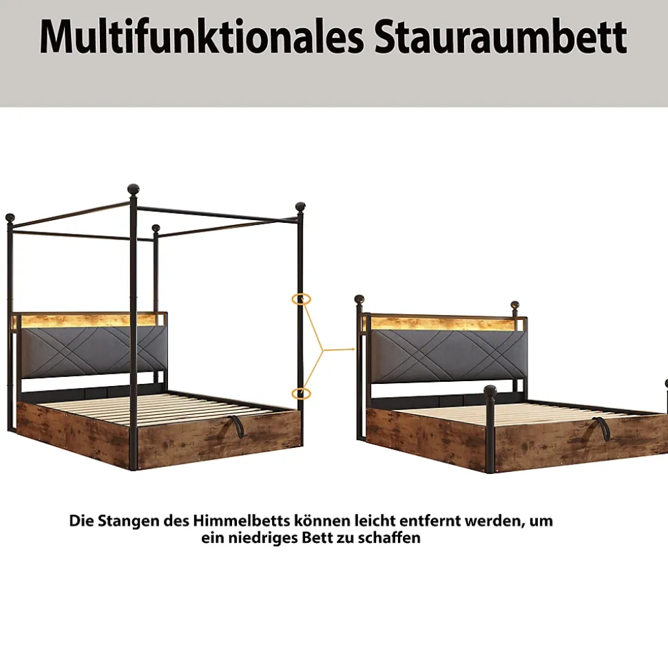 Lit Coffre Simple 90x190 cm - Baldaquin et Éclairage LED, Rangement Hydraulique Sous Sommier, Ports USB/Type-C, Sans Matelas, Noir