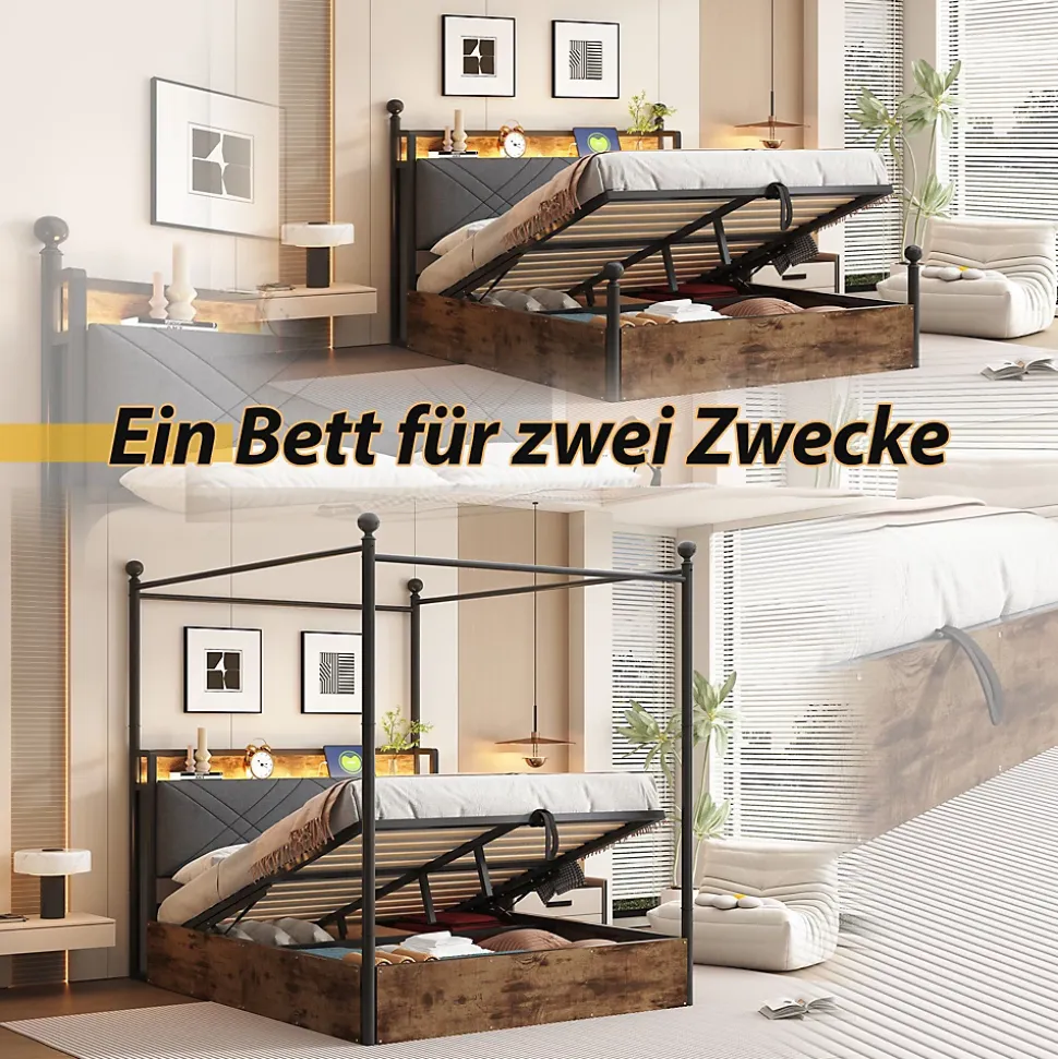 Lit Coffre Simple 90x190 cm - Baldaquin et Éclairage LED, Rangement Hydraulique Sous Sommier, Ports USB/Type-C, Sans Matelas, Noir