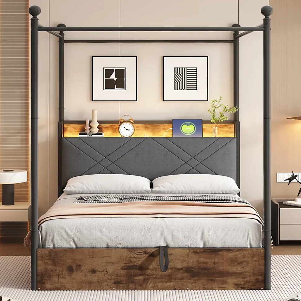 Lit Coffre Simple 90x190 cm - Baldaquin et Éclairage LED, Rangement Hydraulique Sous Sommier, Ports USB/Type-C, Sans Matelas, Noir