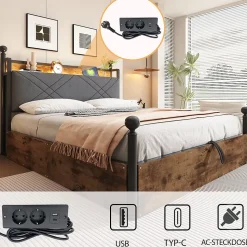 Lit Coffre Simple 90x190 cm - Baldaquin et Éclairage LED, Rangement Hydraulique Sous Sommier, Ports USB/Type-C, Sans Matelas, Noir