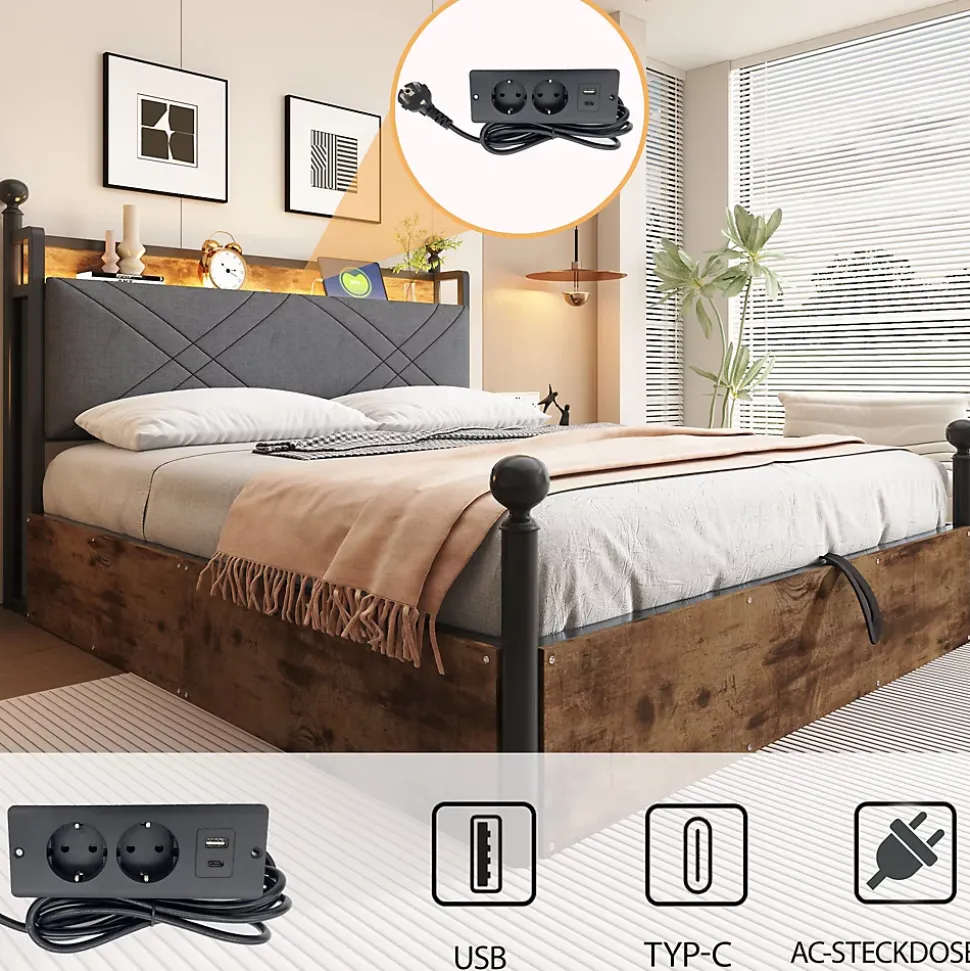 Lit Coffre Simple 90x190 cm - Baldaquin et Éclairage LED, Rangement Hydraulique Sous Sommier, Ports USB/Type-C, Sans Matelas, Noir