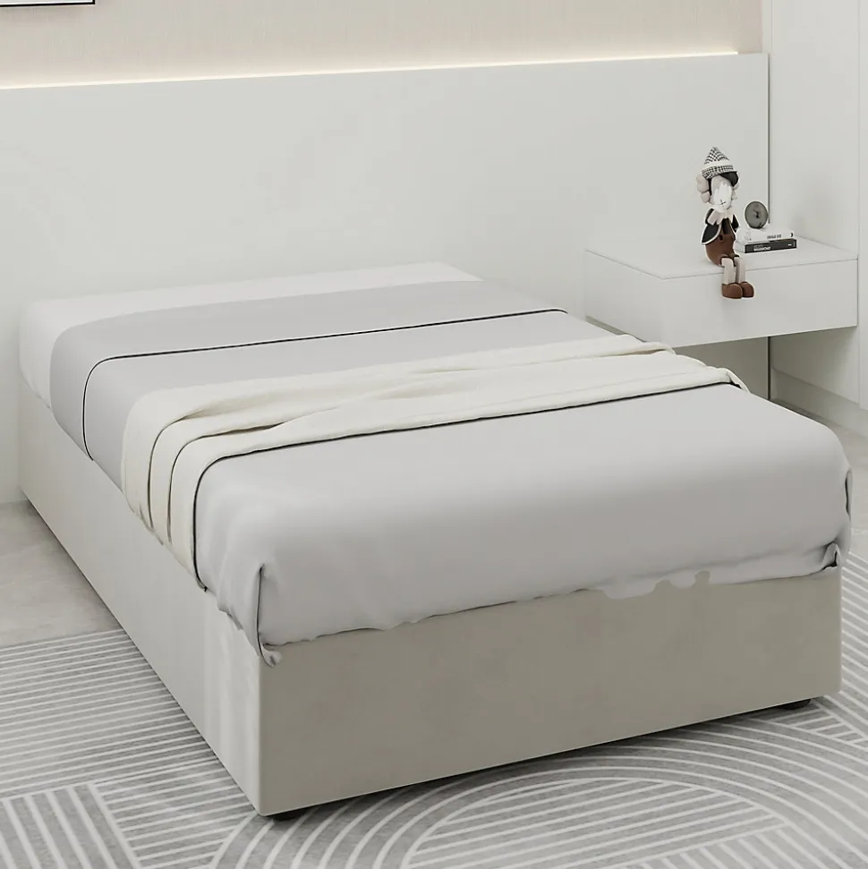 Lit Coffre Simple 90x200 cm - Lit Avec Vérin Pour Ouverture Facile, Bas et Moderne, Sans Tête de Lit, Sans Matelas, Velours Beige