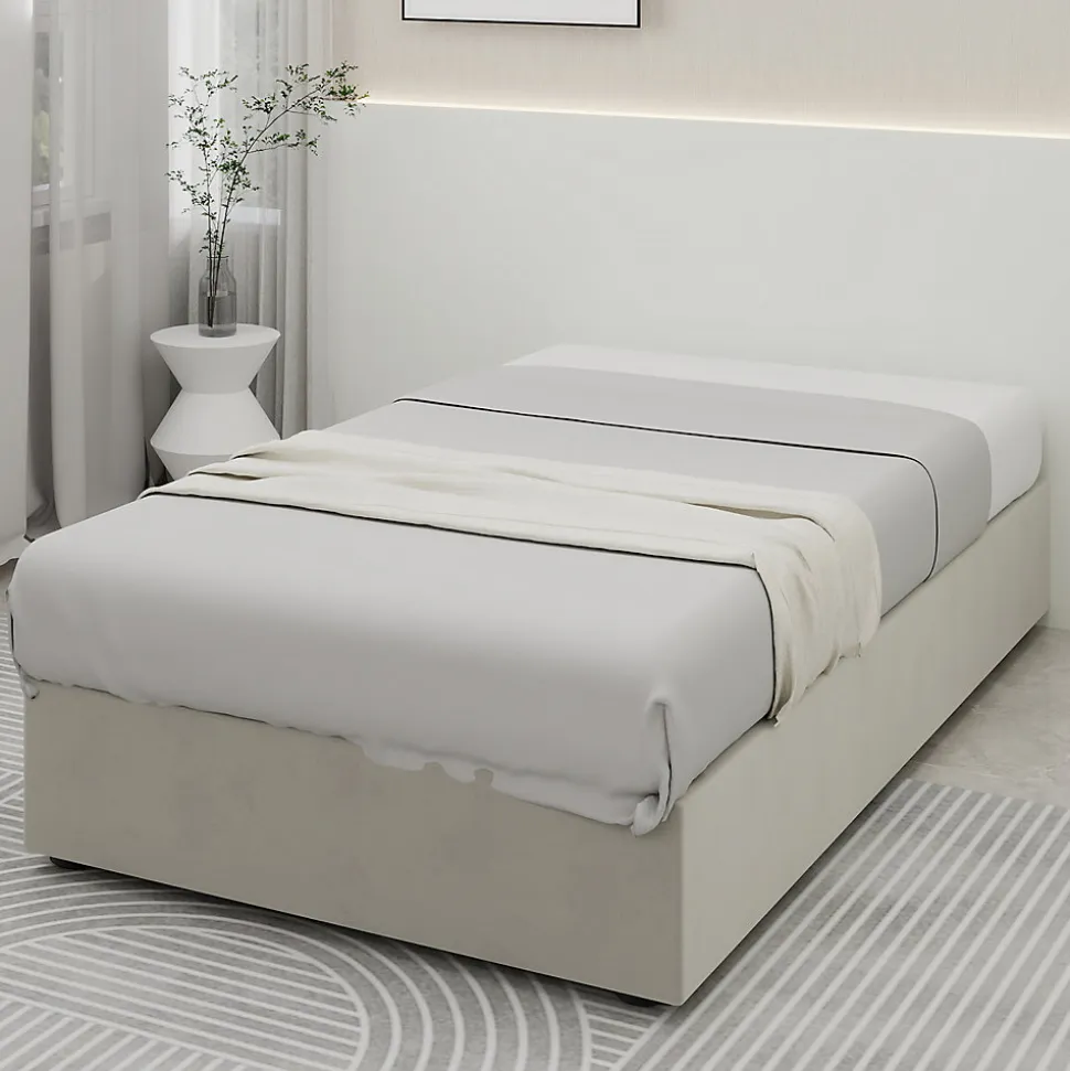 Lit Coffre Simple 90x200 cm - Lit Avec Vérin Pour Ouverture Facile, Bas et Moderne, Sans Tête de Lit, Sans Matelas, Velours Beige