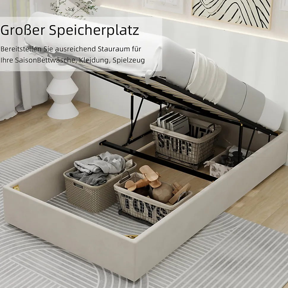 Lit Coffre Simple 90x200 cm - Lit Avec Vérin Pour Ouverture Facile, Bas et Moderne, Sans Tête de Lit, Sans Matelas, Velours Beige