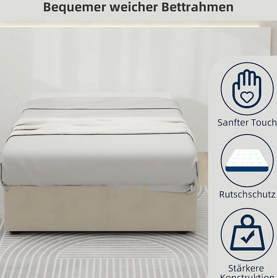 Lit Coffre Simple 90x200 cm - Lit Avec Vérin Pour Ouverture Facile, Bas et Moderne, Sans Tête de Lit, Sans Matelas, Velours Beige
