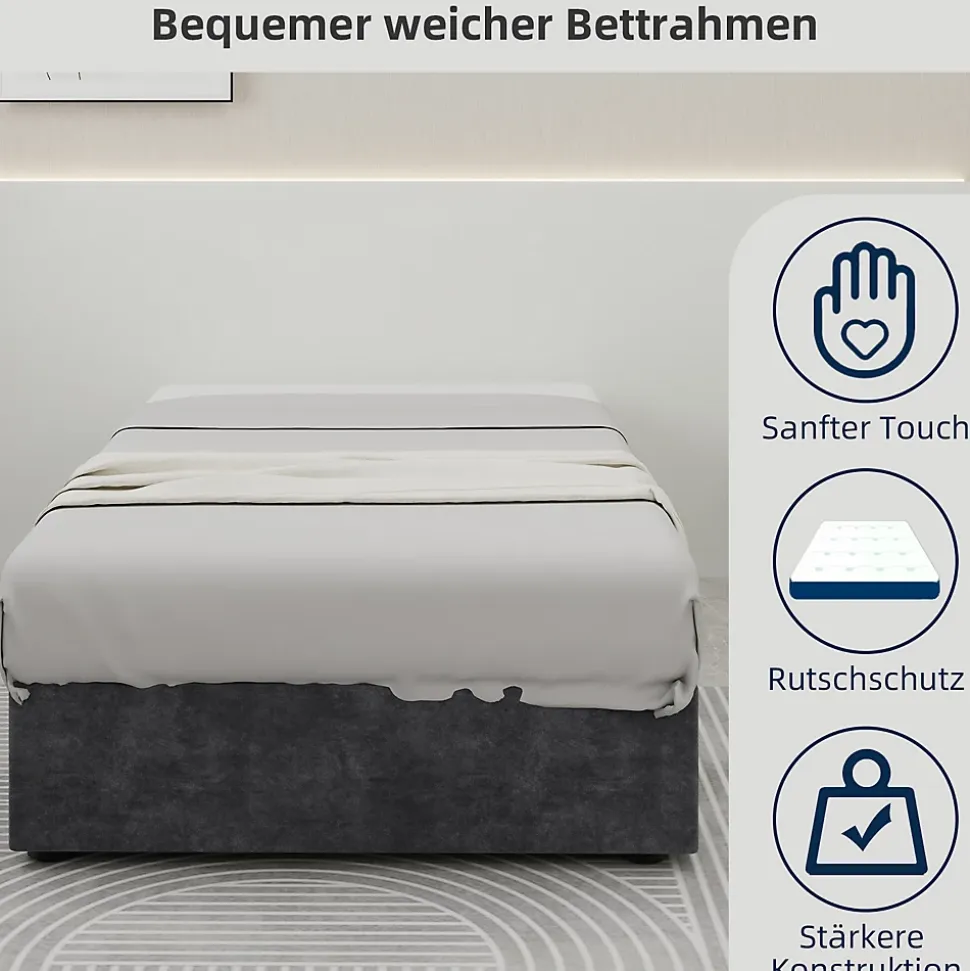 Lit Coffre Simple 90x200 cm - Lit Avec Vérin Pour Ouverture Facile, Bas et Moderne, Sans Tête de Lit, Sans Matelas, Velours Gris