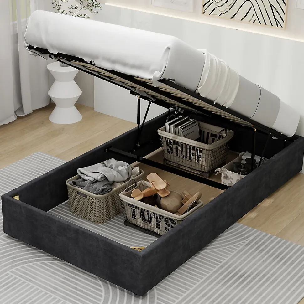 Lit Coffre Simple 90x200 cm - Lit Avec Vérin Pour Ouverture Facile, Bas et Moderne, Sans Tête de Lit, Sans Matelas, Velours Gris