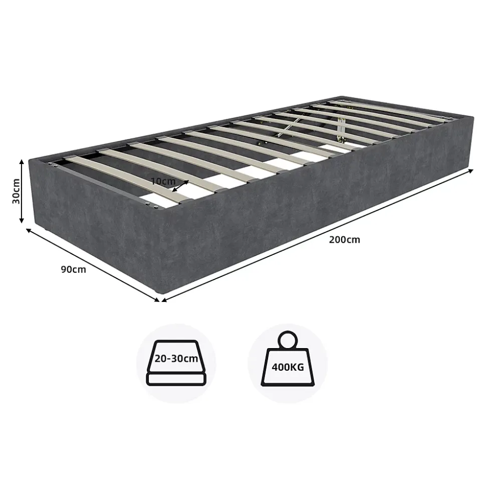 Lit Coffre Simple 90x200 cm - Lit Avec Vérin Pour Ouverture Facile, Bas et Moderne, Sans Tête de Lit, Sans Matelas, Velours Gris