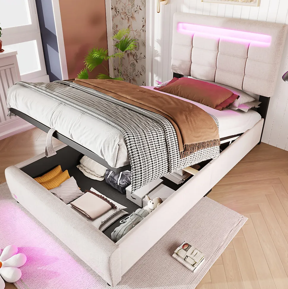 Lit Coffre Simple 90x200 Cm - Lit Coffre Enfant/Ado Avec LED Et USB, Système Hydraulique De Rangement, Tissu En Lin, Beige