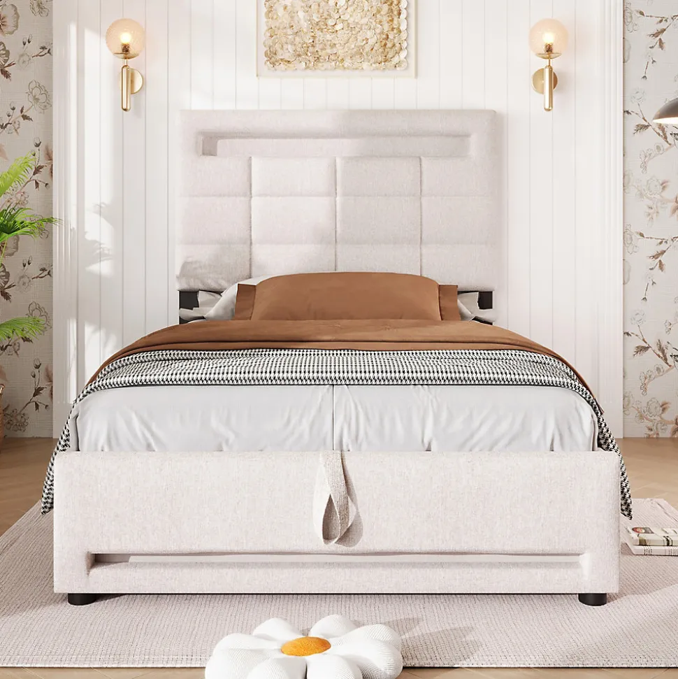 Lit Coffre Simple 90x200 Cm - Lit Coffre Enfant/Ado Avec LED Et USB, Système Hydraulique De Rangement, Tissu En Lin, Beige