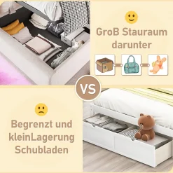 Lit Coffre Simple 90x200 Cm - Lit Coffre Enfant/Ado Avec LED Et USB, Système Hydraulique De Rangement, Tissu En Lin, Beige