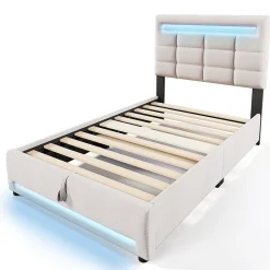 Lit Coffre Simple 90x200 Cm - Lit Coffre Enfant/Ado Avec LED Et USB, Système Hydraulique De Rangement, Tissu En Lin, Beige