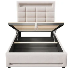 Lit Coffre Simple 90x200 Cm - Lit Coffre Enfant/Ado Avec LED Et USB, Système Hydraulique De Rangement, Tissu En Lin, Beige