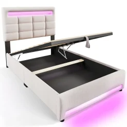 Lit Coffre Simple 90x200 Cm - Lit Coffre Enfant/Ado Avec LED Et USB, Système Hydraulique De Rangement, Tissu En Lin, Beige
