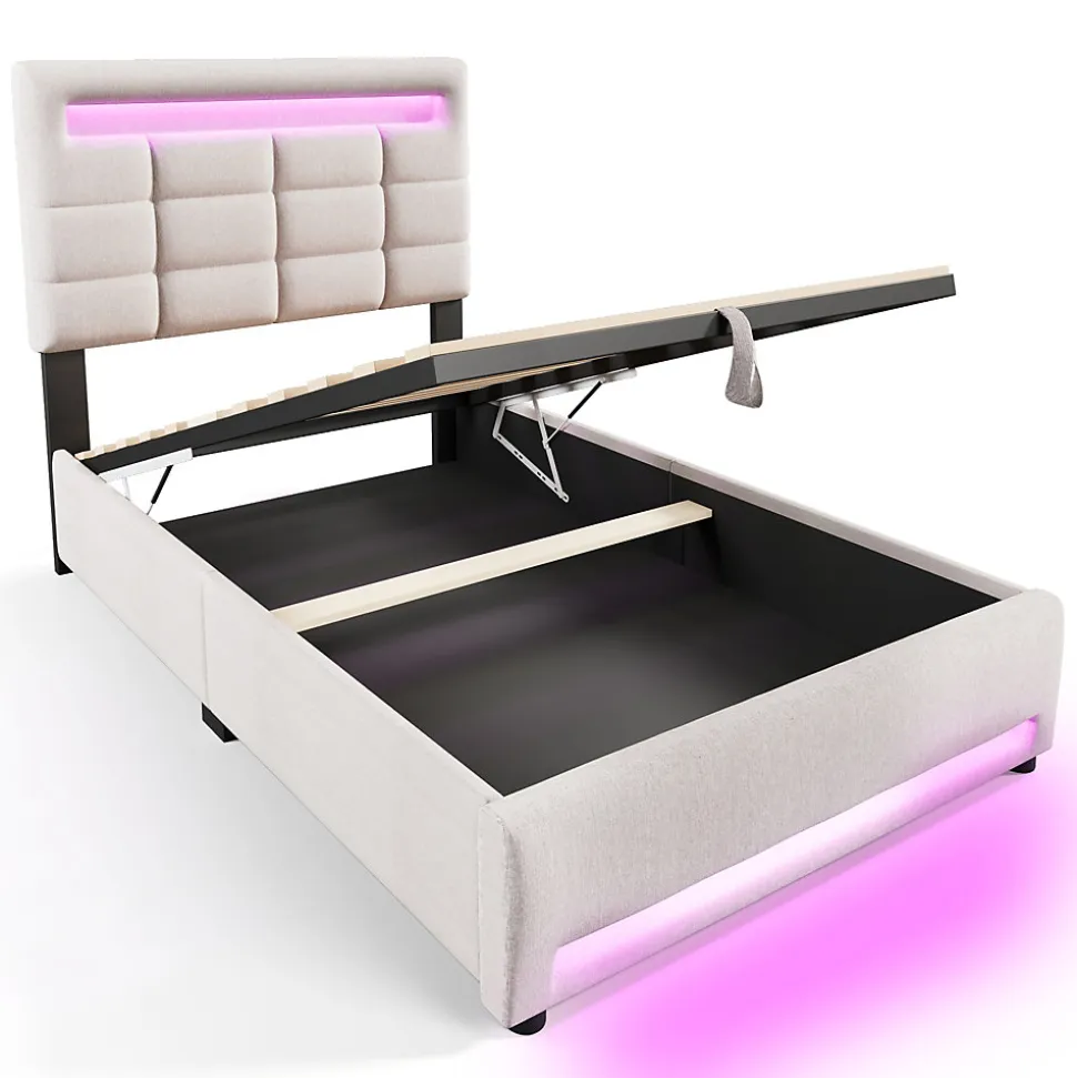 Lit Coffre Simple 90x200 Cm - Lit Coffre Enfant/Ado Avec LED Et USB, Système Hydraulique De Rangement, Tissu En Lin, Beige