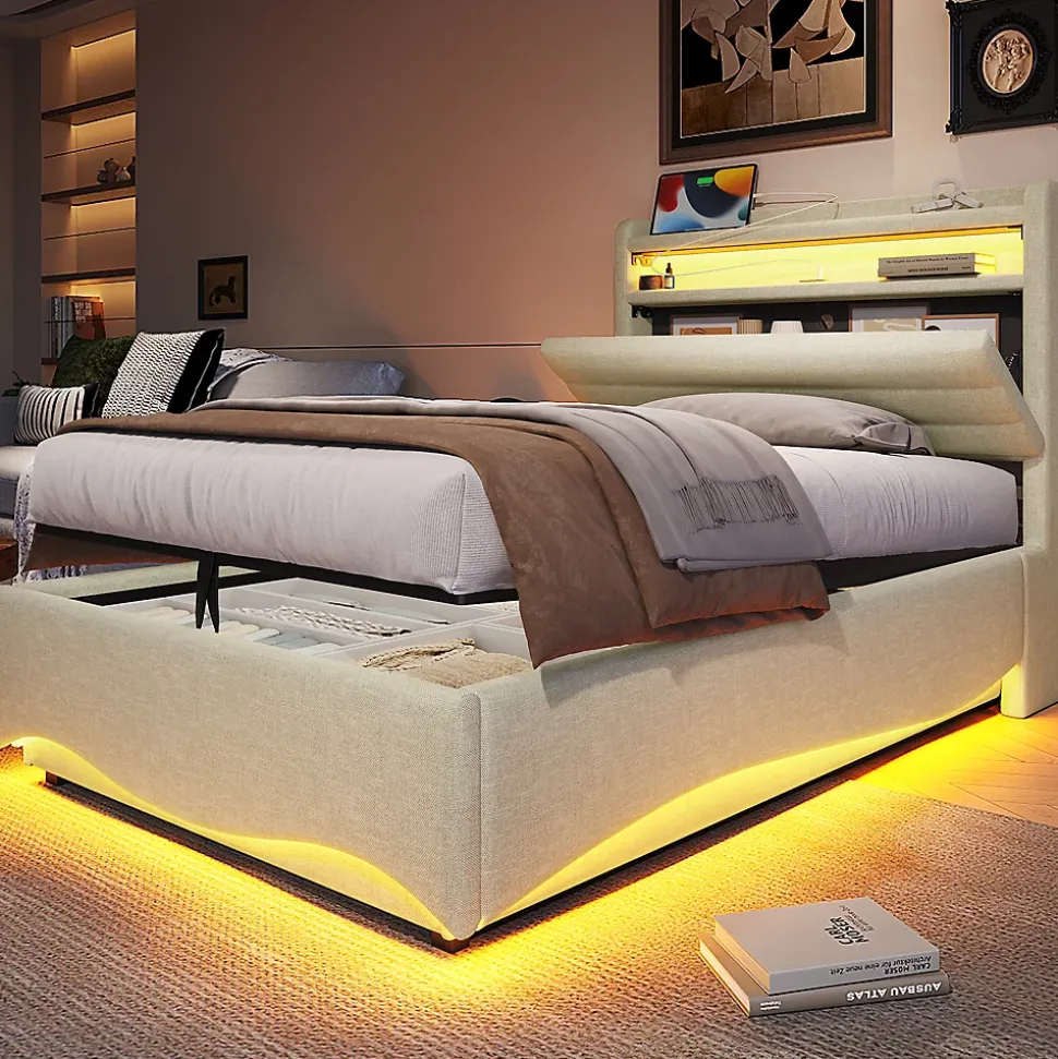 Lit Coffre Simple 90x200 cm - Lit Enfant Capitonné avec LED, Ports USB et Rangement sous Le Lit, Tissu Lin, Beige