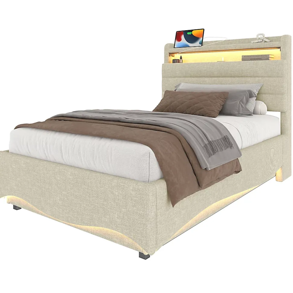 Lit Coffre Simple 90x200 cm - Lit Enfant Capitonné avec LED, Ports USB et Rangement sous Le Lit, Tissu Lin, Beige