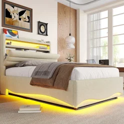 Lit Coffre Simple 90x200 cm - Lit Enfant Capitonné avec LED, Ports USB et Rangement sous Le Lit, Tissu Lin, Beige