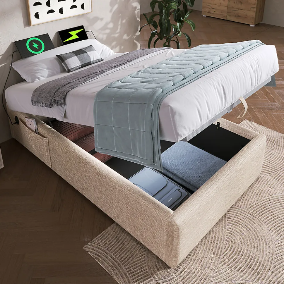 Lit Coffre Simple 90x200 cm avec Rangement Intégré et Port USB-C, Cadre Bois et Lin Beige, Sans Matelas