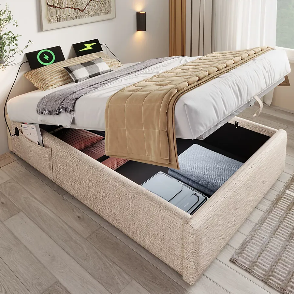 Lit Coffre Simple 90x200 cm avec Rangement Intégré et Port USB-C, Cadre Bois et Lin Beige, Sans Matelas