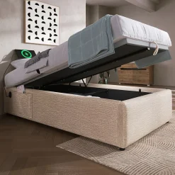 Lit Coffre Simple 90x200 cm avec Rangement Intégré et Port USB-C, Cadre Bois et Lin Beige, Sans Matelas