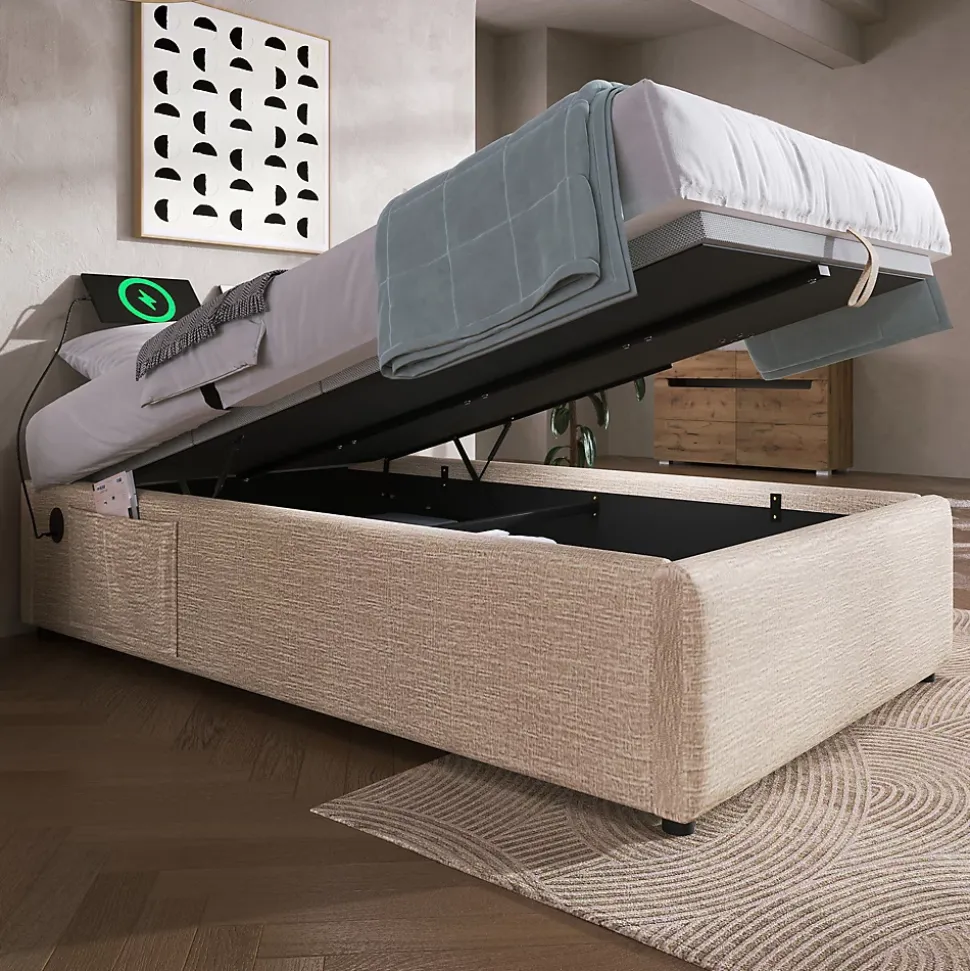 Lit Coffre Simple 90x200 cm avec Rangement Intégré et Port USB-C, Cadre Bois et Lin Beige, Sans Matelas