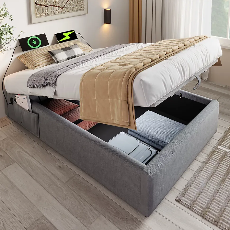 Lit Coffre Simple 90x190 cm avec Rangement Intégré et Port USB-C, Cadre Métal et Coton Gris, Sans Matelas