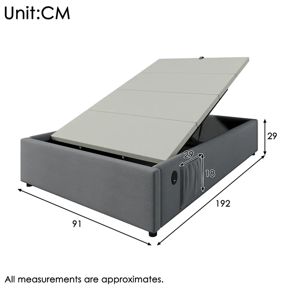 Lit Coffre Simple 90x190 cm avec Rangement Intégré et Port USB-C, Cadre Métal et Coton Gris, Sans Matelas