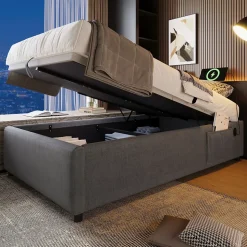 Lit Coffre Simple 90x190 cm avec Rangement Intégré et Port USB-C, Cadre Métal et Coton Gris, Sans Matelas