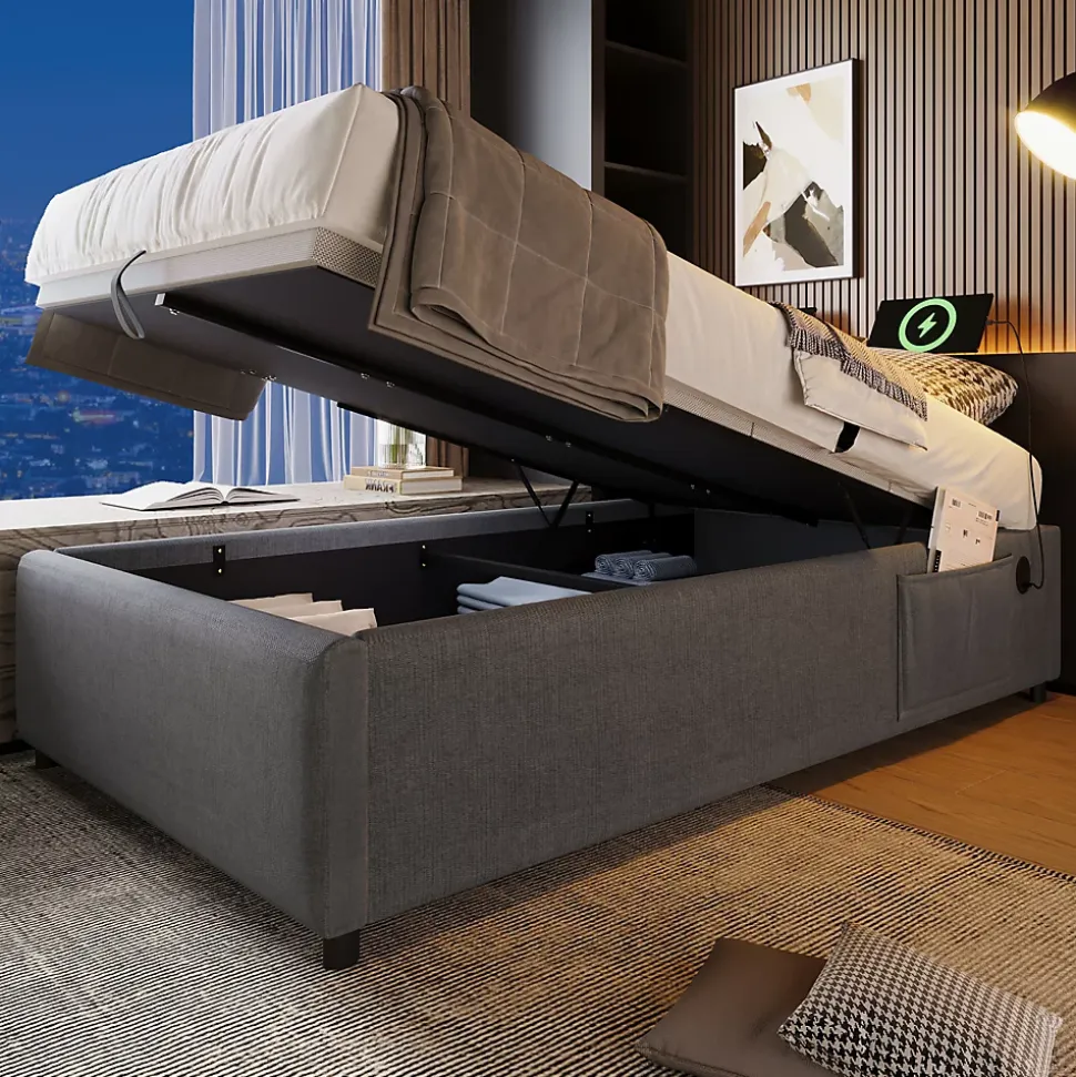 Lit Coffre Simple 90x190 cm avec Rangement Intégré et Port USB-C, Cadre Métal et Coton Gris, Sans Matelas