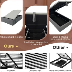 Lit Coffre Simple 90x190 cm avec Rangement Intégré et Port USB-C, Cadre Métal et Coton Gris, Sans Matelas