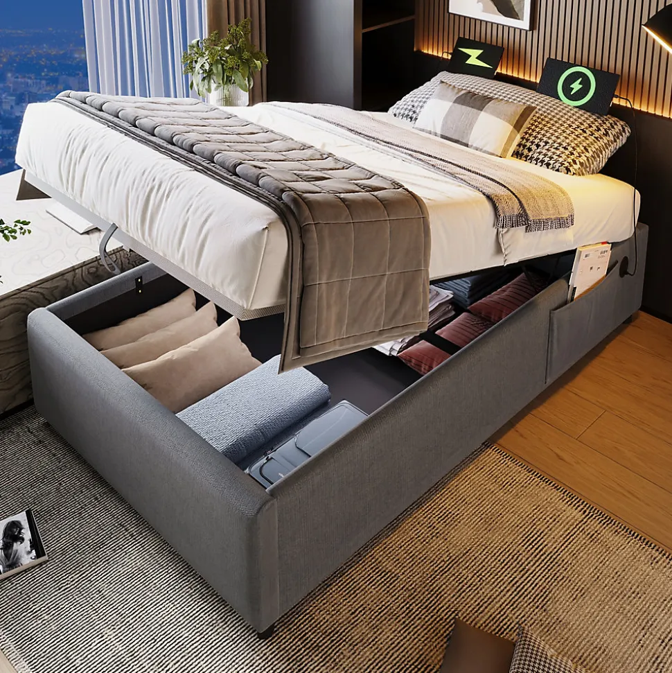 Lit Coffre Simple 90x190 cm avec Rangement Intégré et Port USB-C, Cadre Métal et Coton Gris, Sans Matelas