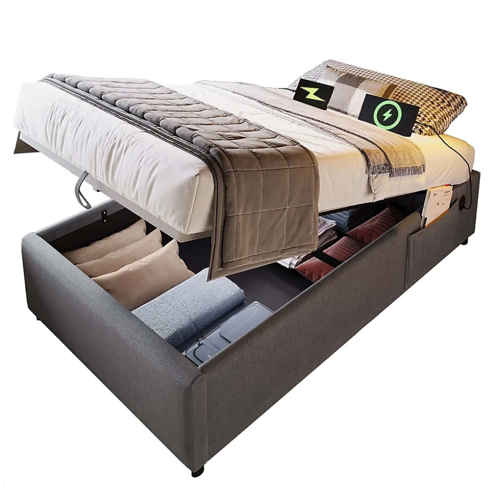 Lit Coffre Simple 90x190 cm avec Rangement Intégré et Port USB-C, Cadre Métal et Coton Gris, Sans Matelas