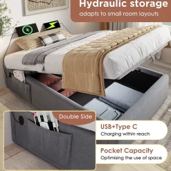 Lit Coffre Simple 90x190 cm avec Rangement Intégré et Port USB-C, Cadre Métal et Coton Gris, Sans Matelas