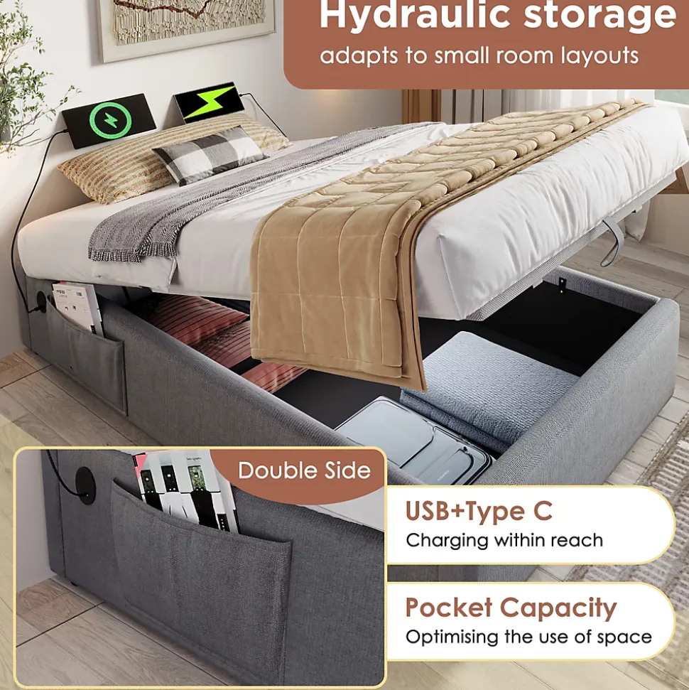 Lit Coffre Simple 90x190 cm avec Rangement Intégré et Port USB-C, Cadre Métal et Coton Gris, Sans Matelas