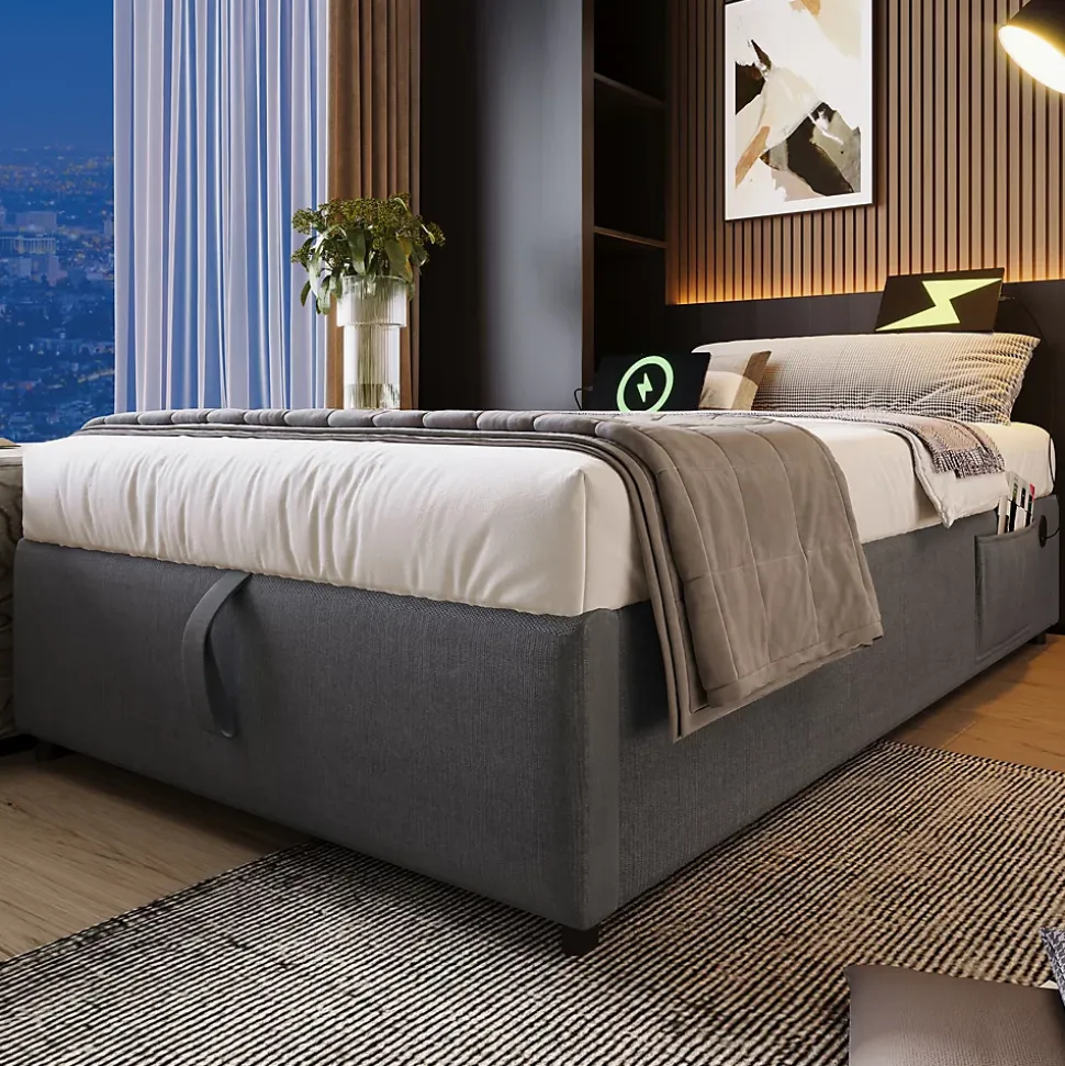 Lit Coffre Simple 90x190 cm avec Rangement Intégré et Port USB-C, Cadre Métal et Coton Gris, Sans Matelas