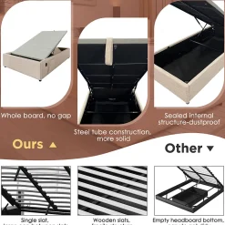 Lit Coffre Simple 90x190 cm avec Rangement Intégré et Port USB-C, Cadre Métal et Lin Naturel, Sans Matelas