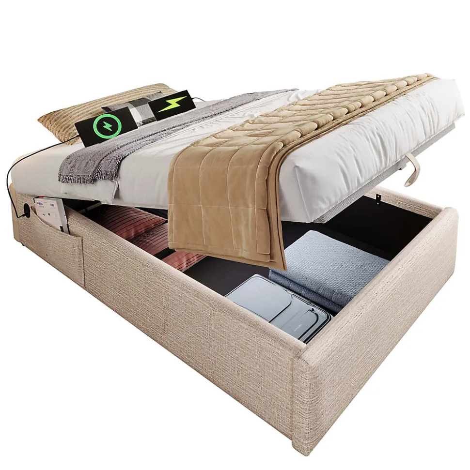 Lit Coffre Simple 90x190 cm avec Rangement Intégré et Port USB-C, Cadre Métal et Lin Naturel, Sans Matelas