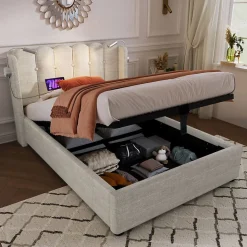 Lit Coffre Simple 90x200cm Rembourré Rangement Lin Naturel Blackcolors