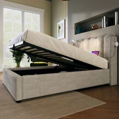 Lit Coffre Simple 90x200cm Rembourré Rangement Lin Naturel Blackcolors