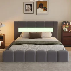 Lit coffre style nuage LED 160x200cm velours gris avec tête de lit et sommier - OMAHA