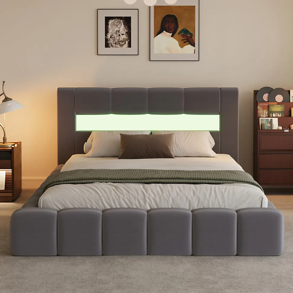 Lit coffre style nuage LED 160x200cm velours gris avec tête de lit et sommier - OMAHA